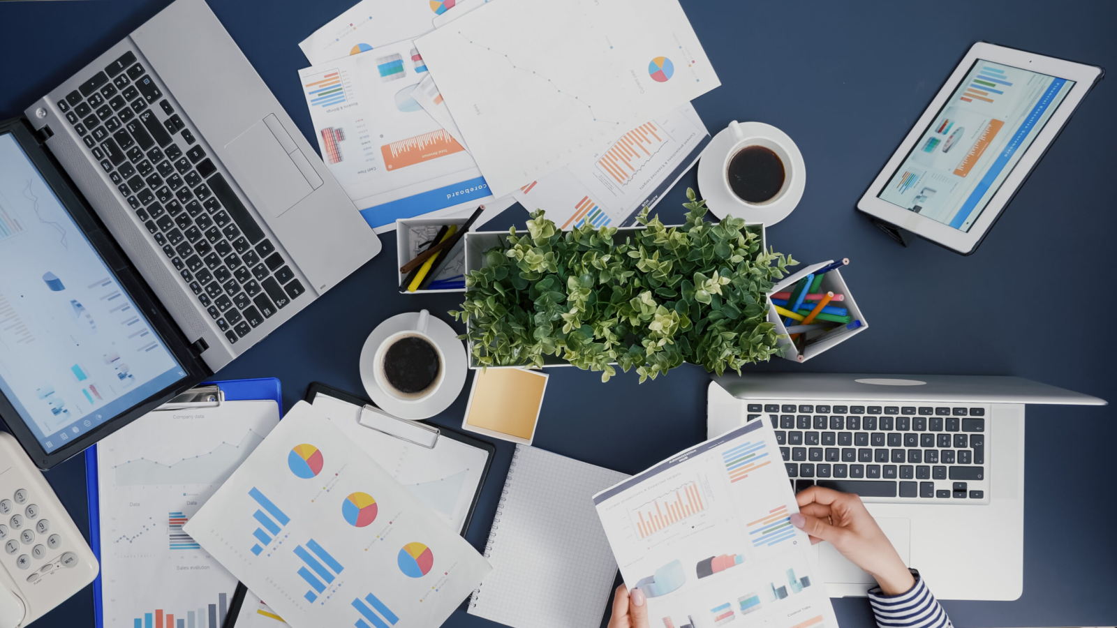 Top view of manager woman analyzing financial paperwork strategy typing expertise on laptop working in startup office. Businesswoman developing management accounting statistics braistorming ideas